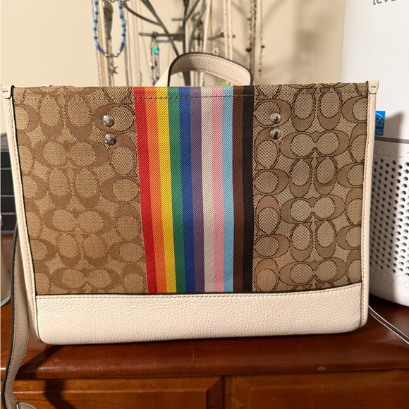 Coach Brown and White Tote with Rainbow Stripe - Picture 2 of 4